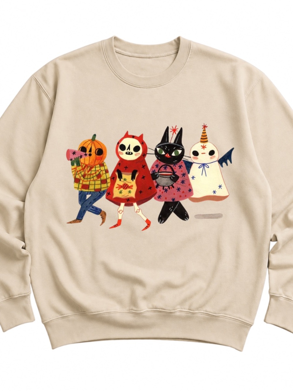 Sand Crewneck Sweatshirt with Colorful Halloween Character Print - Picture 1 of 3